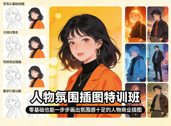 人物氛围插图特训班，零基础也能一步步画出氛围感十足的人物商业插图-休闲网赚three