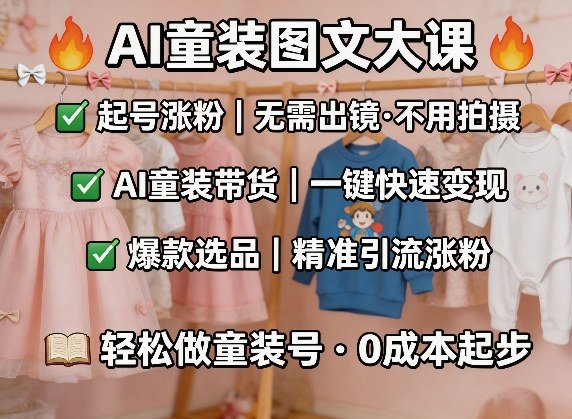 AI童装图文剪辑，某社群童装图文大课，起号涨粉、AI童装带货、爆款选品，无需出镜和拍摄-赚客网赚