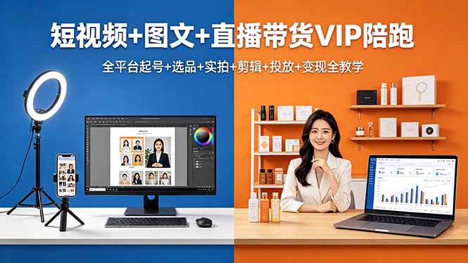 （18319期）短视频+图文+直播带货VIP陪跑，全平台起号+选品+实拍+剪辑+投放+变现全教学-赚客网赚