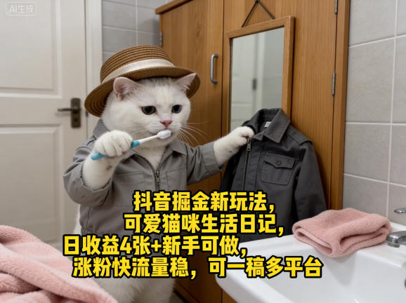 抖音掘金新玩法，可爱猫咪生活日记，日收益4张+新手可做，涨粉快流量稳，可一稿多平台-吾藏分享