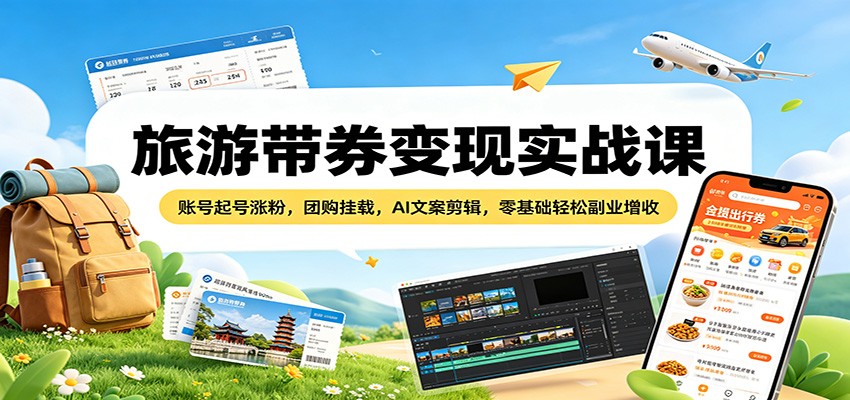 旅游带券变现实战课：账号起号涨粉，团购挂载，AI文案剪辑，零基础轻松副业增收-雷总联盟