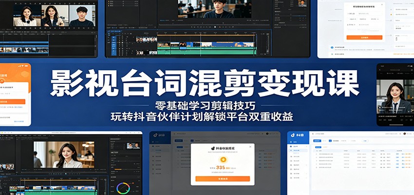 影视台词混剪变现课:零基础学习剪辑技巧,玩转抖音伙伴计划解锁平台双重收益-休闲网赚three