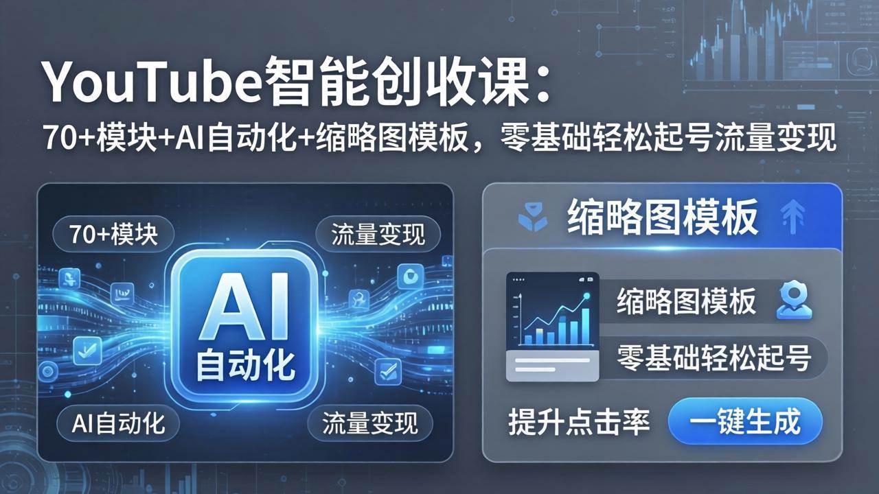 （17926期）YouTube智能创收课：70+模块+AI自动化+缩略图模板，零基础轻松起号流量变现-赚客网赚