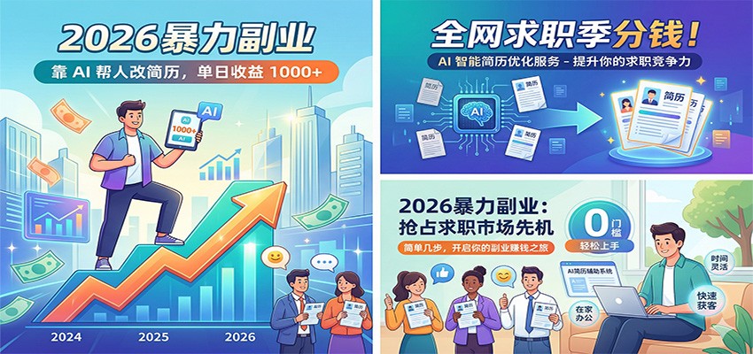 2026暴力副业：靠AI帮人改简历，单日收益1000+，全网求职季分钱-赚客网赚