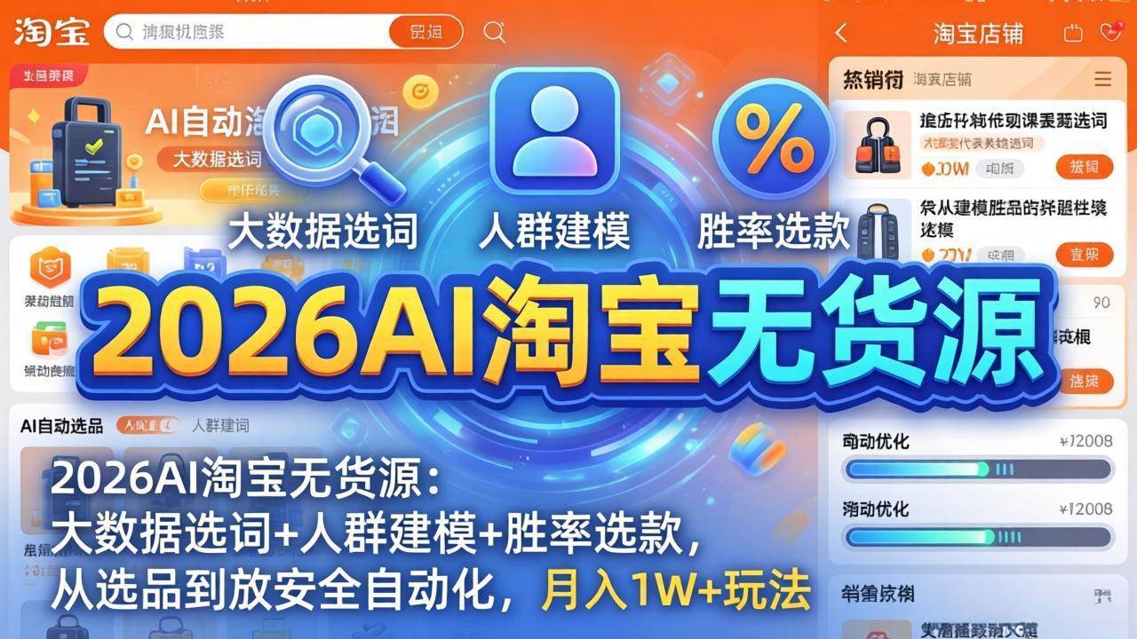 （17812期）2026AI淘宝无货源：大数据选词+人群建模+胜率选款，从选品到放大全自动化，月入1W+玩法-休闲网赚three
