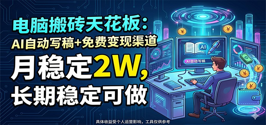 电脑搬砖天花板：AI自动写稿+免费变现渠道，月稳定2W，长期稳定可做-吾藏分享