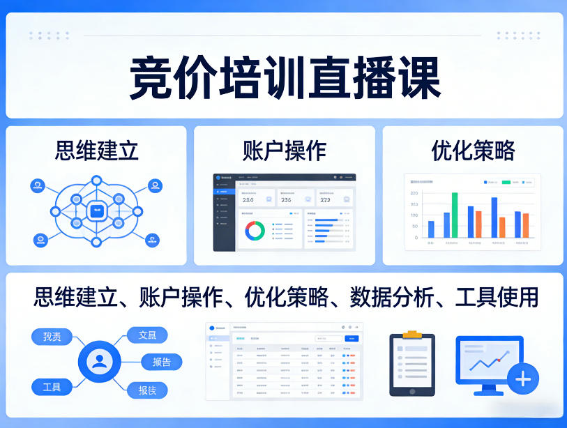 竞价培训直播课，覆盖思维建立、账户操作、优化策略、数据分析、工具使用等，全方位提升效果-赚客网赚