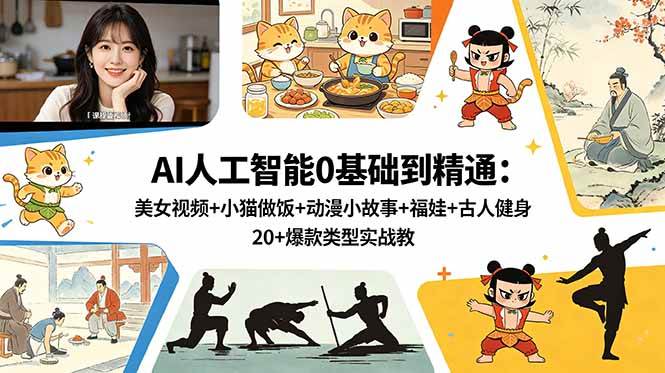 （18685期）AI人工智能0基础到精通：美女视频+小猫做饭+动漫小故事+福娃+古人健身，20+爆款类型实战教学-赚客网赚