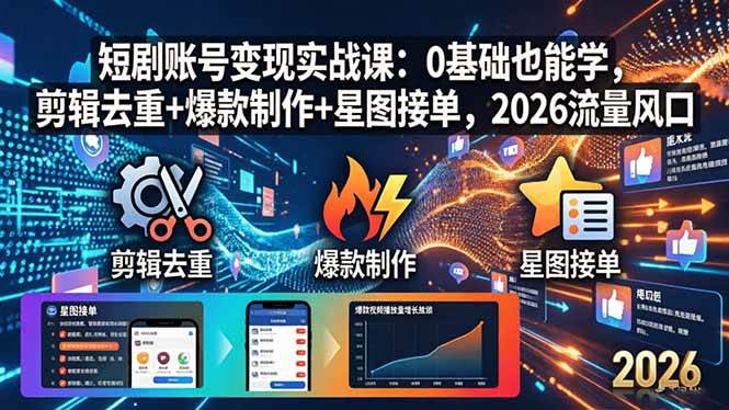 （18160期）短剧账号变现实战课：0基础也能学，剪辑去重+爆款制作+星图接单，2026流量风口-赚客网赚