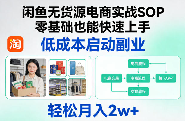 闲鱼无货源电商实战SOP，零基础也能快速上手，低成本启动副业，轻松月入2w+-赚客网赚