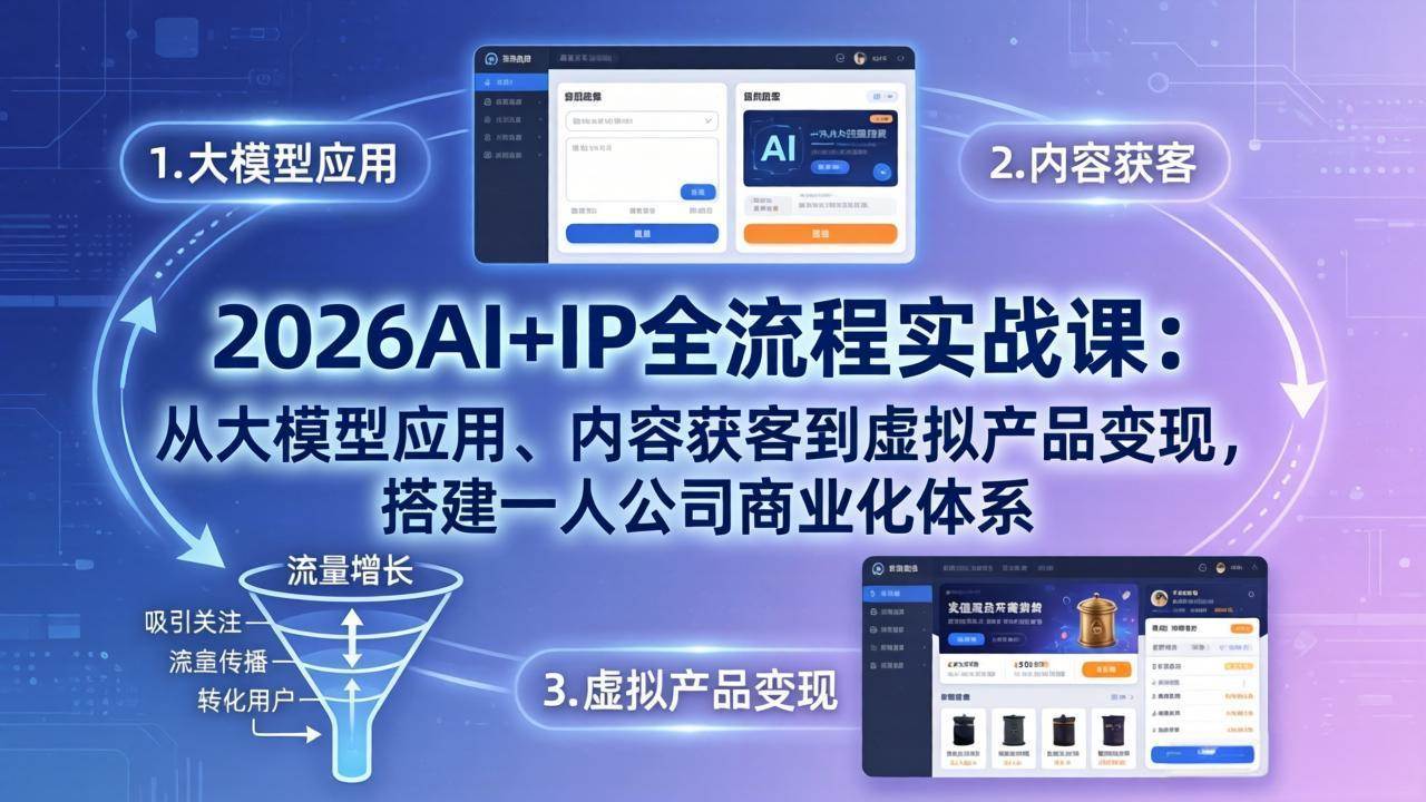 （17863期）2026AI+IP全流程实战课：从大模型应用、内容获客到虚拟产品变现，搭建一人公司商业化体系-休闲网赚three
