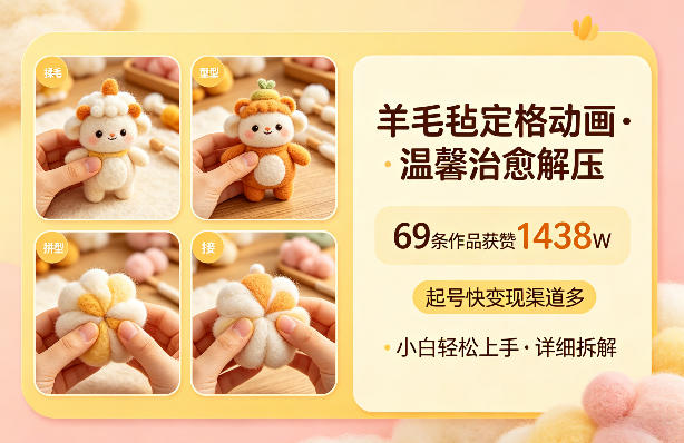 羊毛毡定格动画，温馨治愈解压，69条作品获赞1438W，起号快变现渠道多，小白轻松上手，详细拆解-休闲网赚three