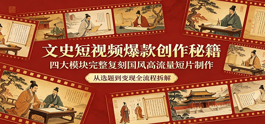 文史短视频爆款创作秘籍：四大模块完整复刻国风高流量短片制作-休闲网赚three