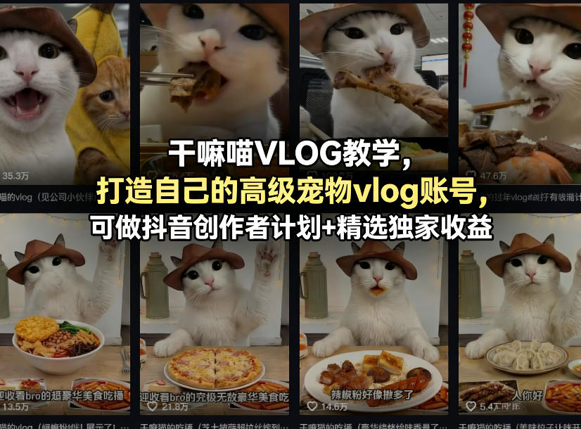 干嘛喵VLOG教学，打造自己的高级宠物vlog账号，可做抖音创作者计划+精选独家收益-吾藏分享