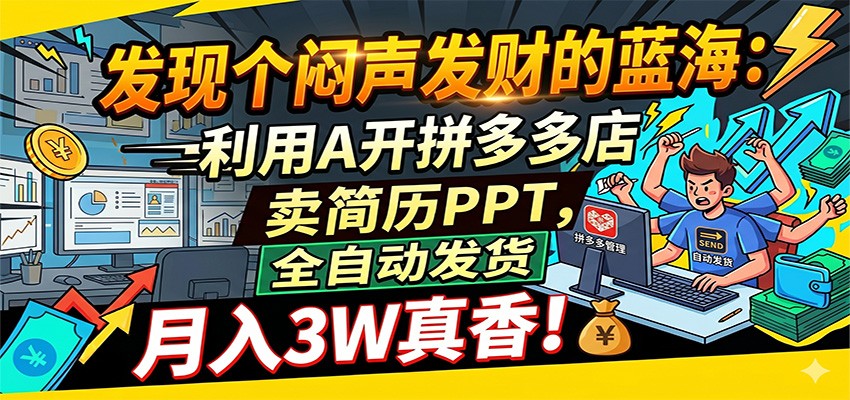 闷声发财的蓝海：利用AI开拼多多店卖简历PPT，全自动发货，月入3W真香-休闲网赚three