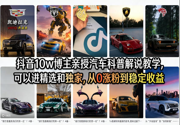 抖音10w博主亲授汽车科普解说教学，可以进精选和独家，从0涨粉到稳定收益（详细视频课程+1T素材）-赚客网赚