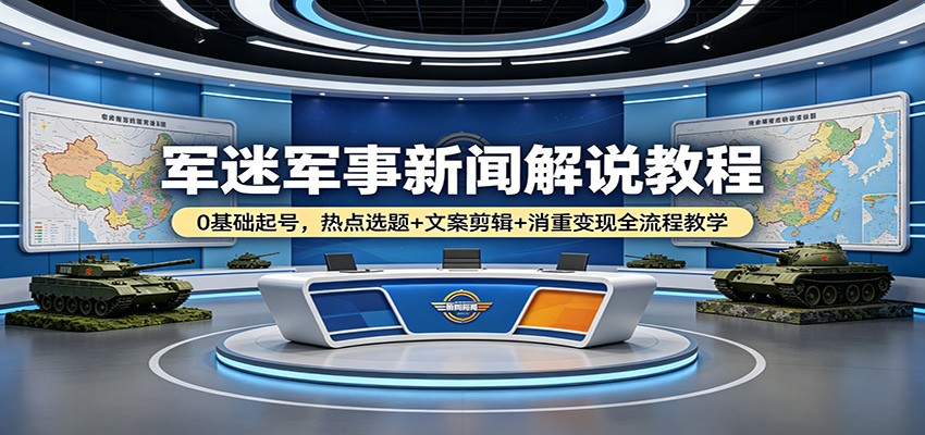 军迷军事新闻解说教程：0基础起号，热点选题+文案剪辑+消重变现全流程教学-休闲网赚three