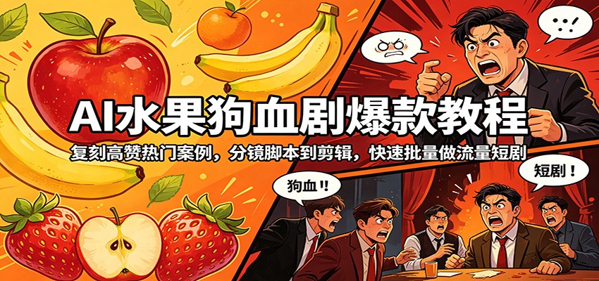 AI水果狗血剧爆款教程：复刻高赞热门案例，分镜脚本到剪辑，快速批量做流量短剧-休闲网赚three
