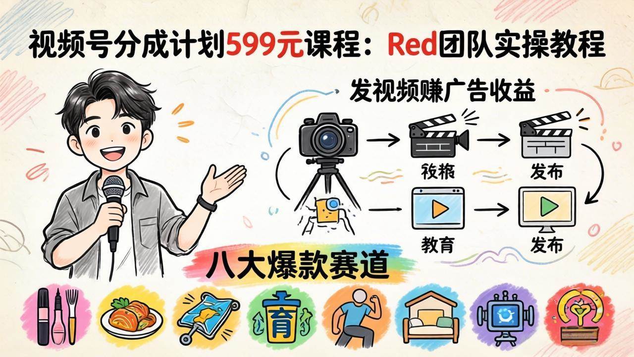 （18088期）视频号分成计划599元课程：Red团队实操教程，发视频赚广告收益，八大爆款赛道全掌握-休闲网赚three