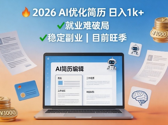 2026用AI优化简历日入1k+就业难，目前旺季，稳定副业-赚客网赚